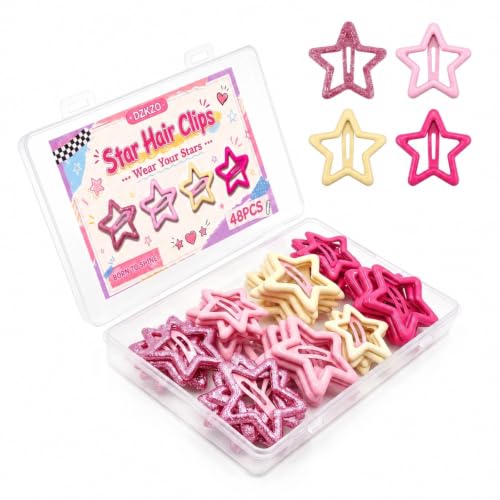 Pink Star Hair Clips 48pcs Y2K Cute Snap Barrettes in 2 Sizes