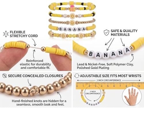 5-Piece Banana Baseball Fan Bracelet Set, Stackable Stretch Beaded Wristbands