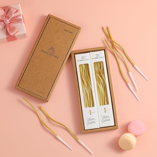 Gold Spiral Birthday Candles - 12 Long Thin Metallic Cake Candles