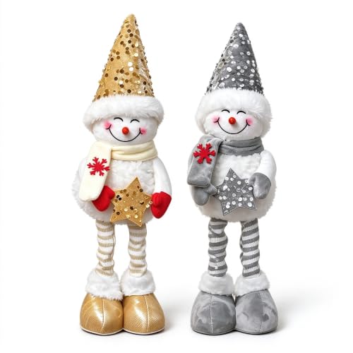 Christmas Snowman Decor Set - 20-Inch Plush Standing Figures with Extendable Legs - Gold & Silver, Pack of 2