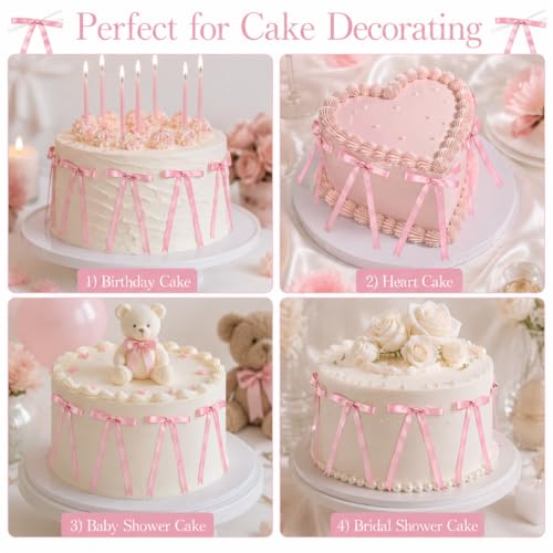 10 Pack Pink Bow Cake Decorations - Pre-Tied Satin Ribbon Bows
