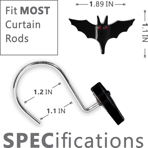 Black Bat Halloween Shower Curtain Hooks - 12 Decorative Rings