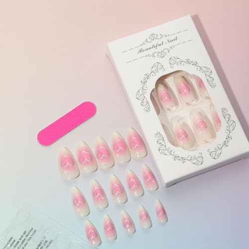YKZFUI Medium Almond Press on Nails Pink Blush Star False Nails