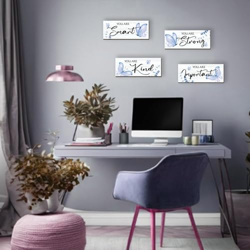 4 Pcs Blue Butterfly Wall Decor, Inspirational Wooden Signs for Bedroom
