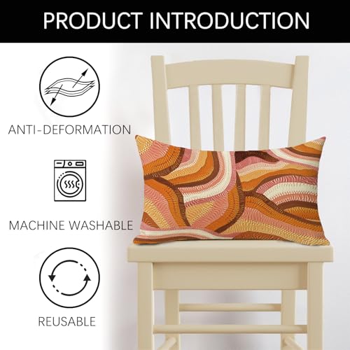 Boho Abstract Wave Lumbar Pillow Cover 12x20 - Orange Cotton Linen