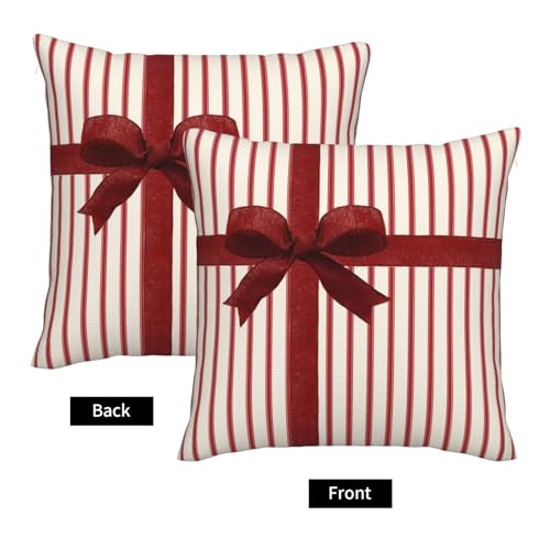 Red Bow Throw Pillow Covers 18x18 Inch Set of 2 - Holiday Ribbon Design, Xmas Decorative Cushion Cases
