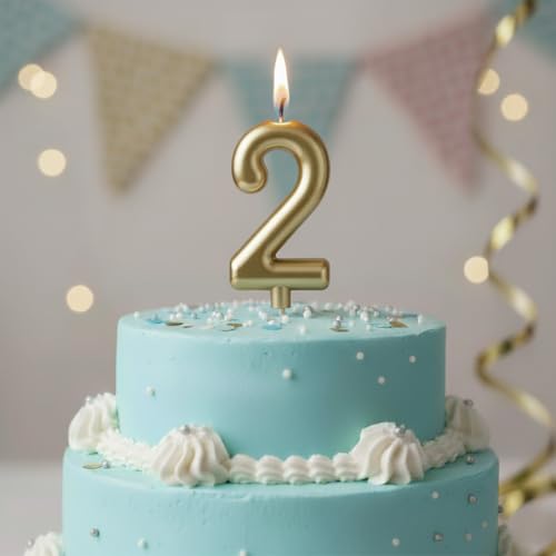Number 2 Birthday Candle - 5.75 Inch Metallic Gold Cake Topper
