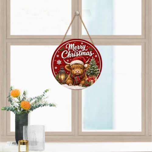Winter Highland Cow Christmas Sign for Front Door 12x12 Inch Wooden Holiday Decor - Round, Outdoor Indoor Wall Hanging - Variation: Cow, 12"x12"