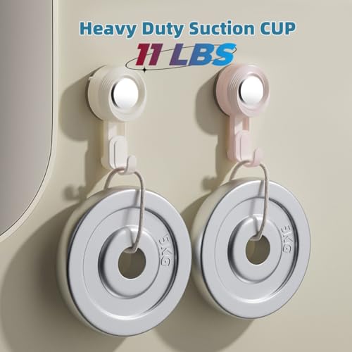 BINBLEOM 2 Pack Pink Heavy Duty Bathroom Vacuum Suction Hooks, 11 lb Load Capacity, Waterproof & Reusable