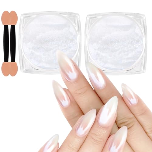 Allstarry White Pearl Chrome Nail Powder, 2pcs Iridescent Aurora Pigment