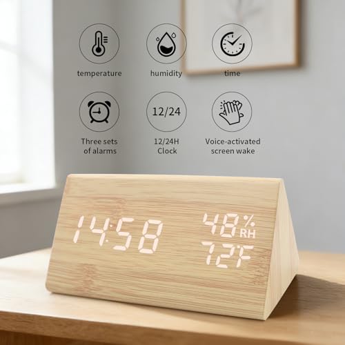 KESHIDE Bamboo Digital Alarm Clock, LED Electric Desk Clock with Dimmer