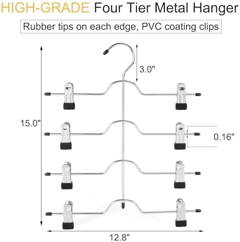 TOPIA HANGER 4-Tier Metal Skirt Hangers - Space-Saving Design with Adjustable Clips, Non-Slip Grip, Black | 2-Pack
