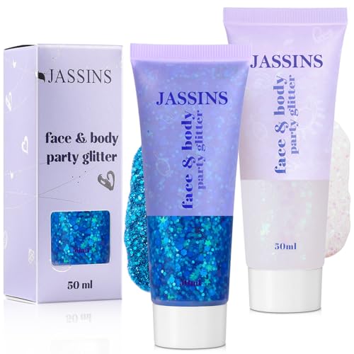 JASSINS 2-Pack Blue & White Body Glitter Gel - Chunky Mermaid Face & Hair Makeup