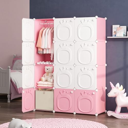 MAGINELS Kids Wardrobe Closet,Baby Closet Cabinet with Door.Baby Girls Armoires Organizer for Bedroom.Two Open Hanging Children Costume Area and 8 Cube Stroage.Pink(42x14x56inch)