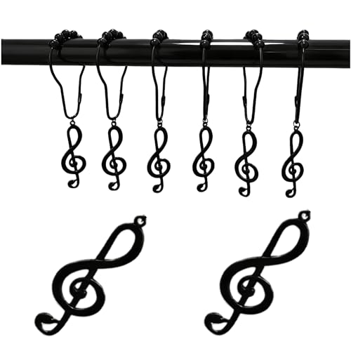Musical Note Shower Curtain Hooks - 12-Piece Rust-Resistant Set (Black)