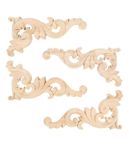 MUXSAM Wood Carved Appliques Onlays - 4-Pack Unpainted Rubber Wood Decals