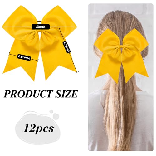 TUUXI 12pcs Large 8-Inch Golden Cheerleading Bows with Elastic Hair Ties