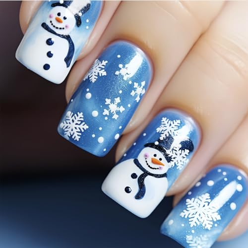 Christmas Press On Nails Medium Square Snowflake Snowman Design