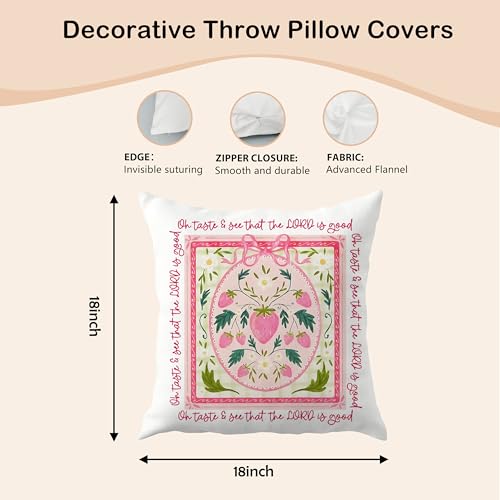 Christian Pink Bow Strawberry Pillow Cover 18x18 - Bible Verse Decor