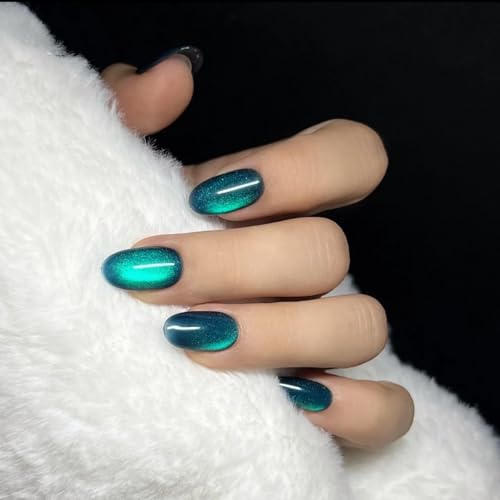 Cat Eye Press On Nails Handmade Short Oval False Nails with French Tip