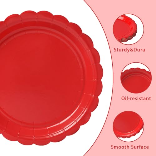 Vyntra 7-Inch Scalloped Paper Dessert Plates, Red, 50-Pack
