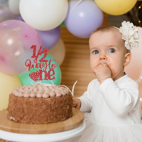 Strawberry Half Birthday Cake Topper - 6 Months Red Glitter Decor