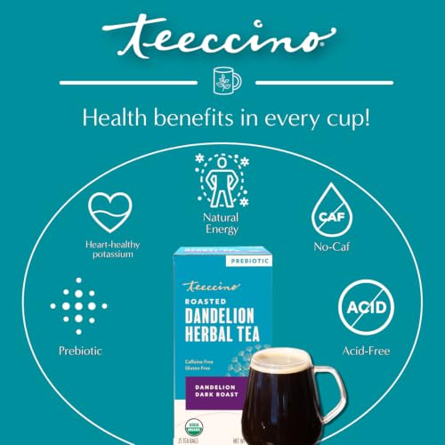 Teeccino Dark Roast Dandelion Tea - Caffeine-Free Herbal Tea, 25 Count (Pack of 3)