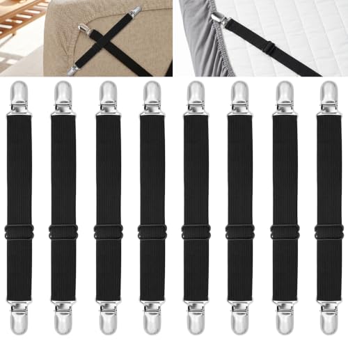 8-Pack Adjustable Elastic Sofa Cushion Straps & Bed Sheet Fastener Clips