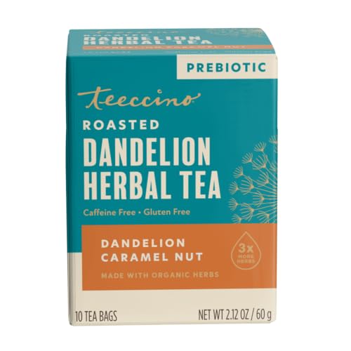 Teeccino Caramel Nut Dandelion Herbal Tea Bags - Caffeine Free, Prebiotic, 10 Pack
