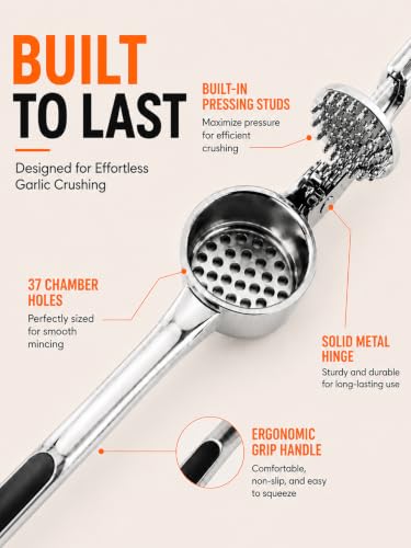 CUNSENR Silver Garlic Press and Peeler Set - Heavy Duty Mincer with Brush