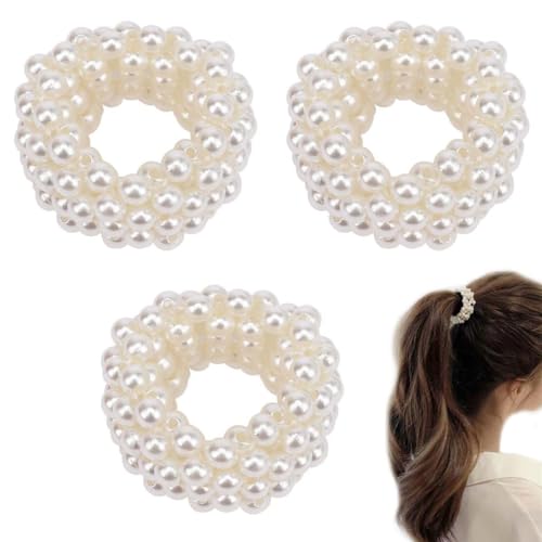 White Pearl Hair Bands 3-Pack Elastic Ponytail Holder for Women
