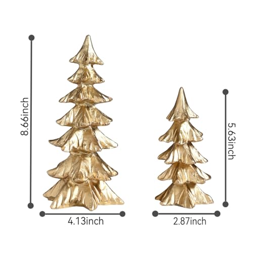 Gold Resin Christmas Tree Figurines Set - Small Holiday Tabletop Decor