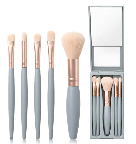 5-Piece Travel Makeup Brush Set with Mirror, Portable Soft Eyeshadow Brushes