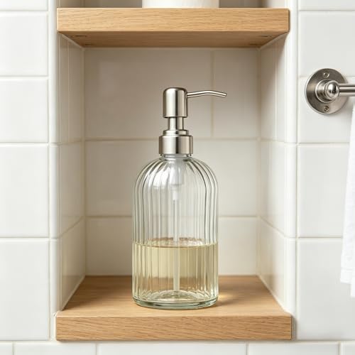 Vertical Clear Glass Hand Soap Dispenser with Silver Pump - 18 OZ