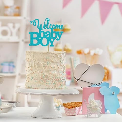 Blue Glitter Welcome Baby Boy Cake Topper for Baby Showers