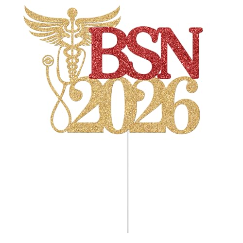 BSN 2026 Graduation Cake Topper Gold And Red Glitter Nursing School