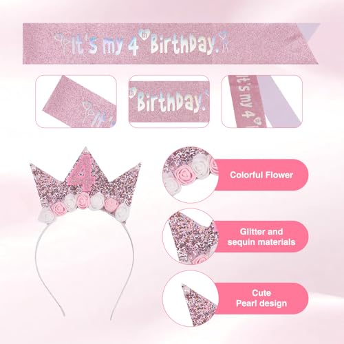 4th Birthday Girl Crown and Glitter Sash Set