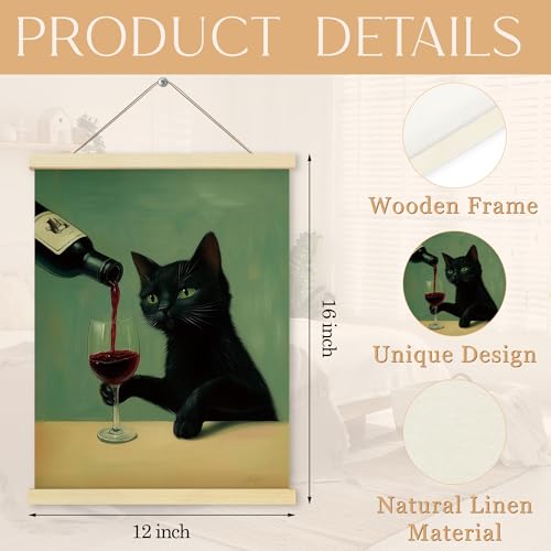 Funny Black Cat Wall Art Decor - 12x16 Canvas Print with Frame