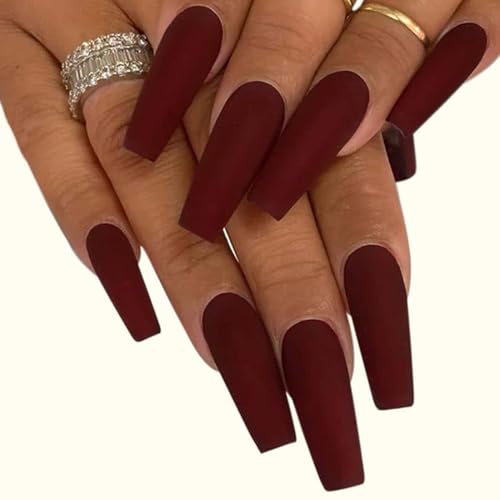 ANDGING Matte Red Long Coffin Press on Nails Acrylic False Nails