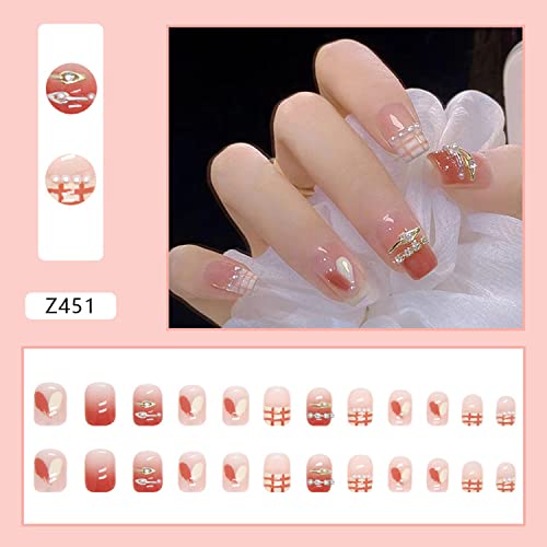 Vezocim Short Press-On Nails with Rhinestone Diamond Design 24Pcs