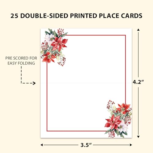 Christmas Poinsettia Place Cards for Table Setting, 25 Pack, Holiday Decor