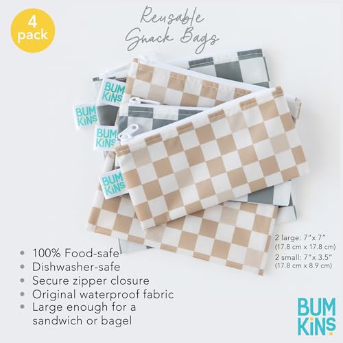 Bumkins - Cloth Snack & Sandwich Bags - For Storage, Travel, Food Prep, Lunch - Reusable, Water Resistant, Washable, Dishwasher Safe - Snack Bags for Kids - Zipper Closure - Check - 4 Pack