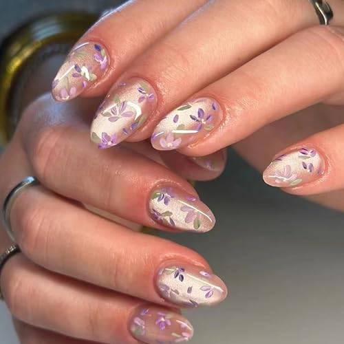 Short Almond Press On Nails Purple Floral Glitter Glossy False Nails
