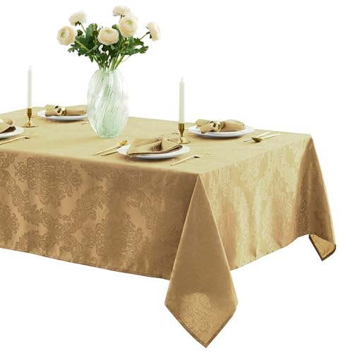Newbridge Barcelona Damask Tablecloth 144x60 Inch Gold - No Iron, Soil Resistant