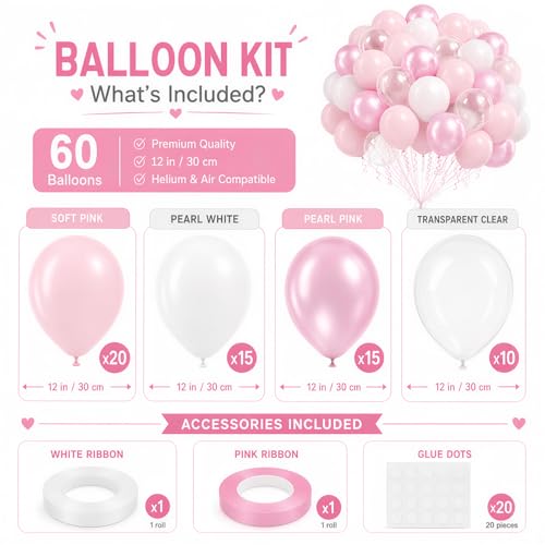 Pink and White Balloons 60-Piece 12-Inch Latex Balloon Kit for Party Decor