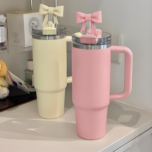 Cute Bow Straw Toppers for Stanley Cups - 2 Pcs Reusable Silicone