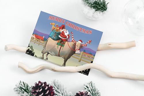 Western Christmas Card Set - Santa Rides Texas Longhorn - 18 Holiday Cards & Envelopes