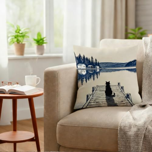 Black Cat Lake House Throw Pillow Cover, 18x18 Coastal Flannelette