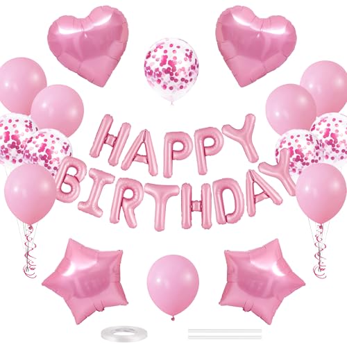 Pink Happy Birthday Banner & Star Balloons Set - 30pcs