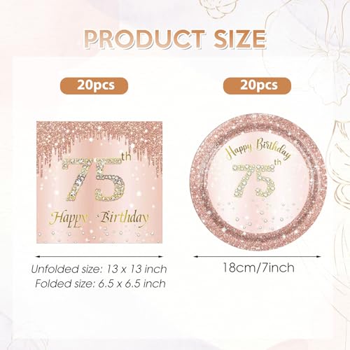 KHAIVI 75th Birthday Party Plates and Napkins Rose Gold 75 Year Old Tableware - 40 pcs